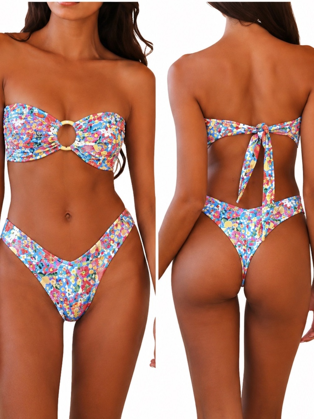 Multicolor Floral Bandeau High Cut Thong Bikini Set